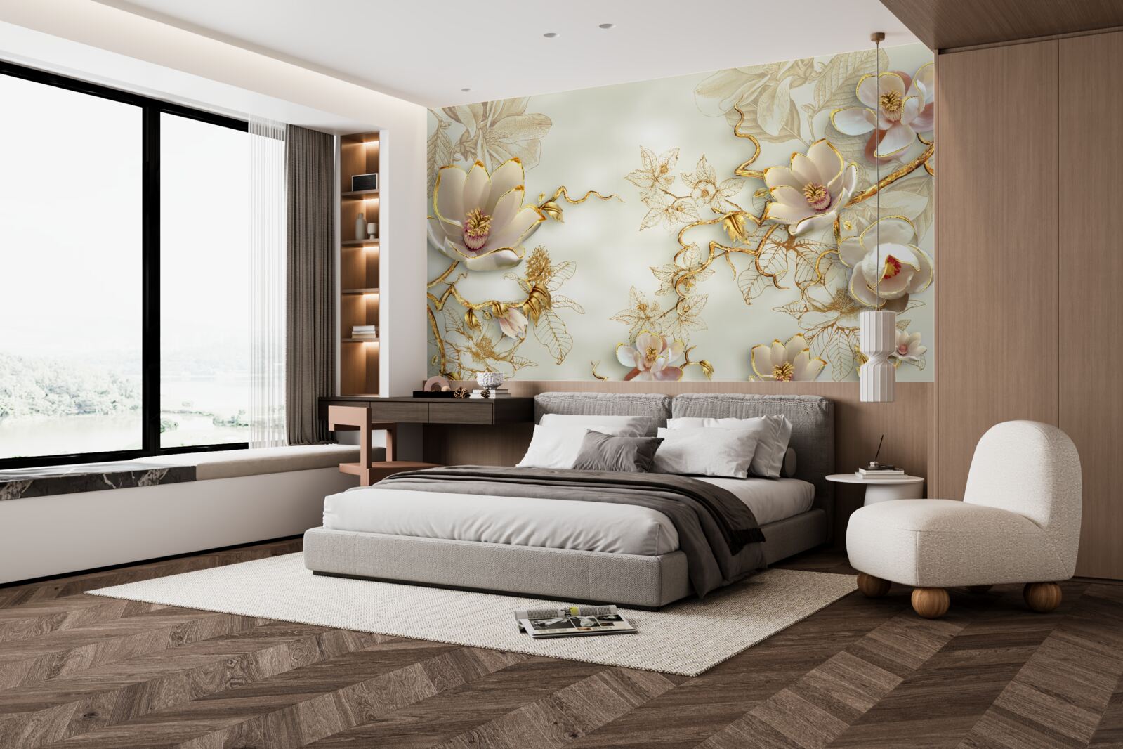 Fototapeta gałęzie usiane złotymi i śnieżnobiałymi kwiatami