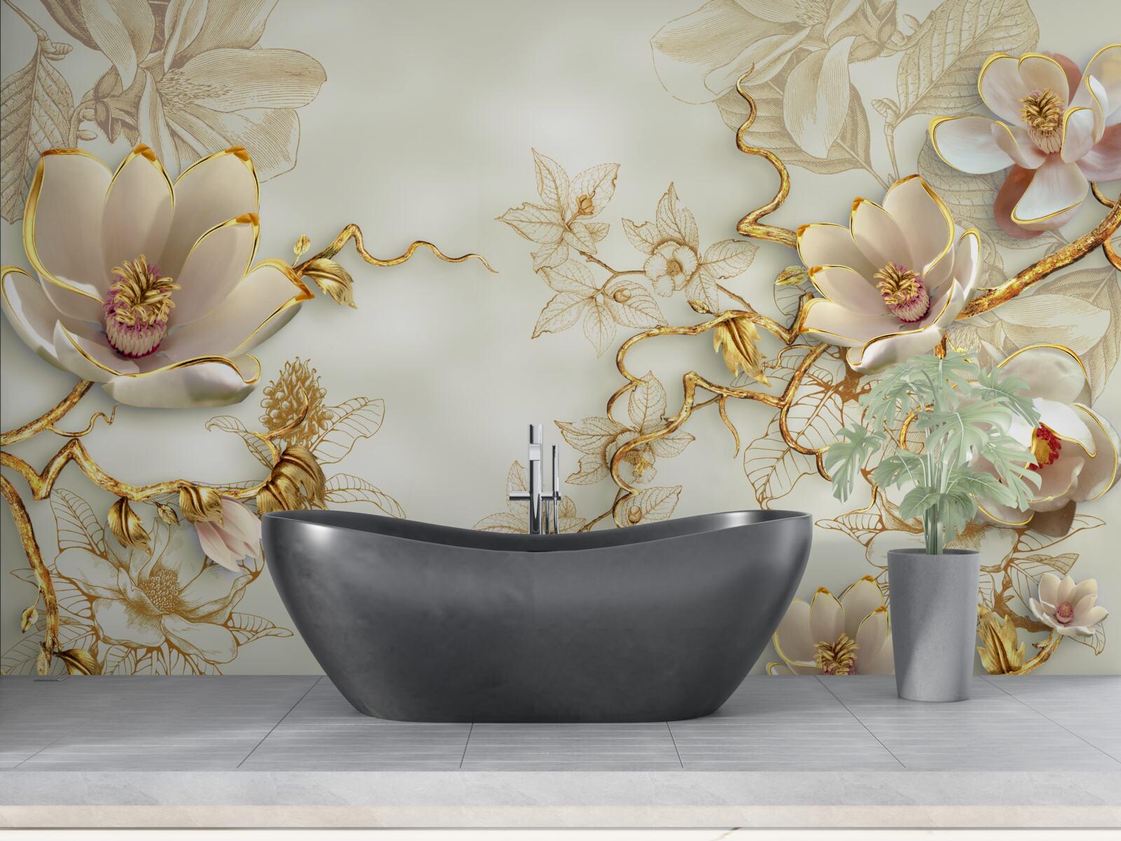 Fototapeta gałęzie usiane złotymi i śnieżnobiałymi kwiatami