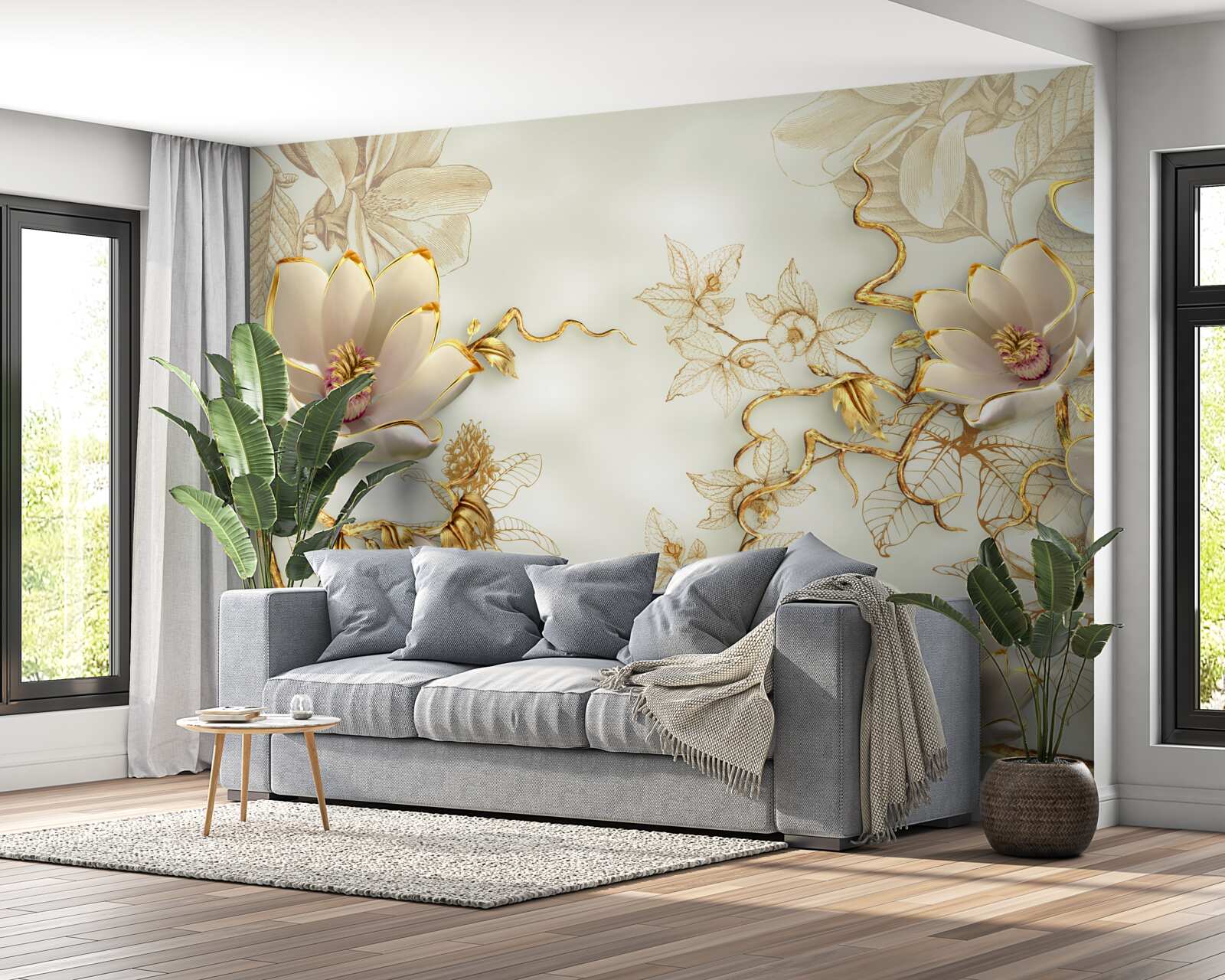 Fototapeta gałęzie usiane złotymi i śnieżnobiałymi kwiatami