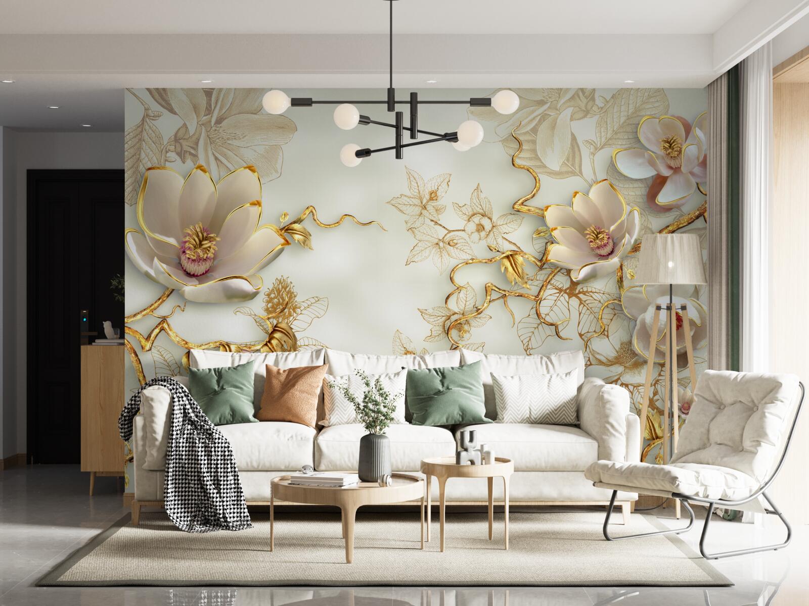 Fototapeta gałęzie usiane złotymi i śnieżnobiałymi kwiatami