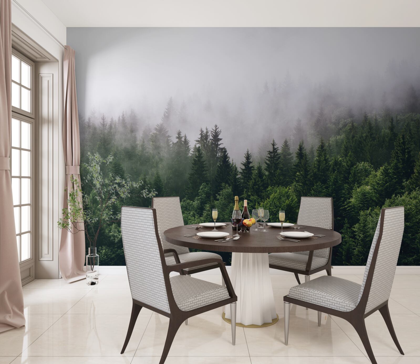 Fototapeta górski las spowija mgła