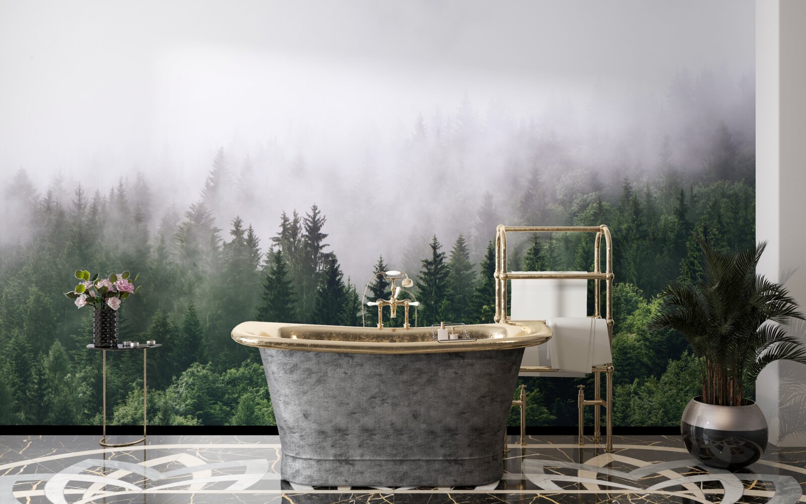 Fototapeta górski las spowija mgła