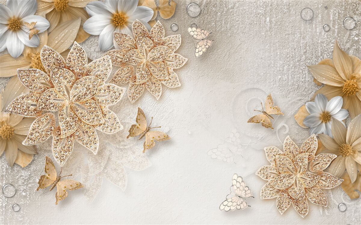 Fototapeta biały lotos i kwiaty ze złotym podziałem