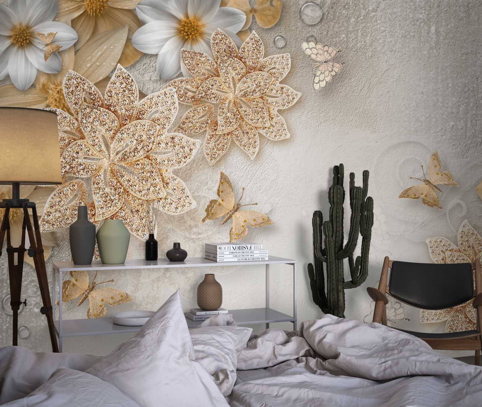 Fototapeta biały lotos i kwiaty ze złotym podziałem