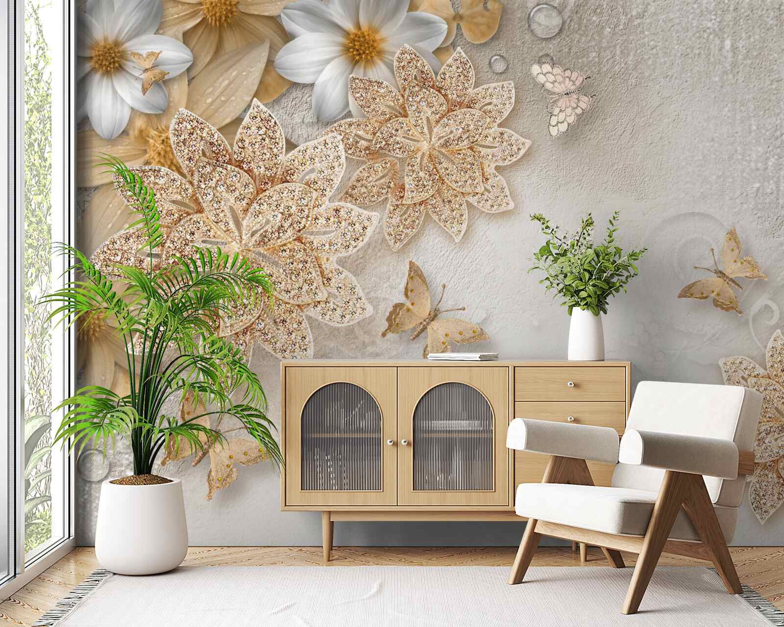 Fototapeta biały lotos i kwiaty ze złotym podziałem