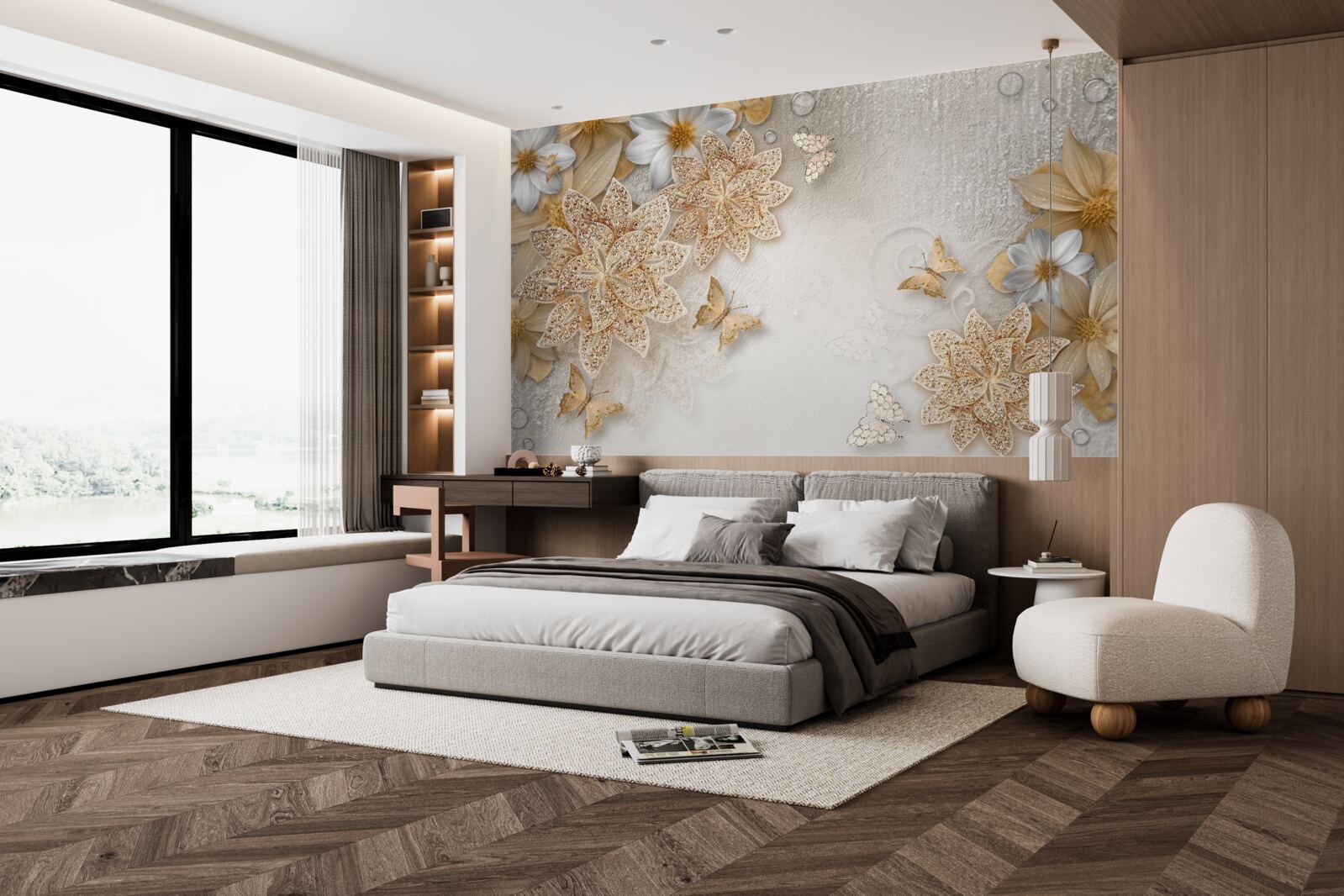 Fototapeta biały lotos i kwiaty ze złotym podziałem