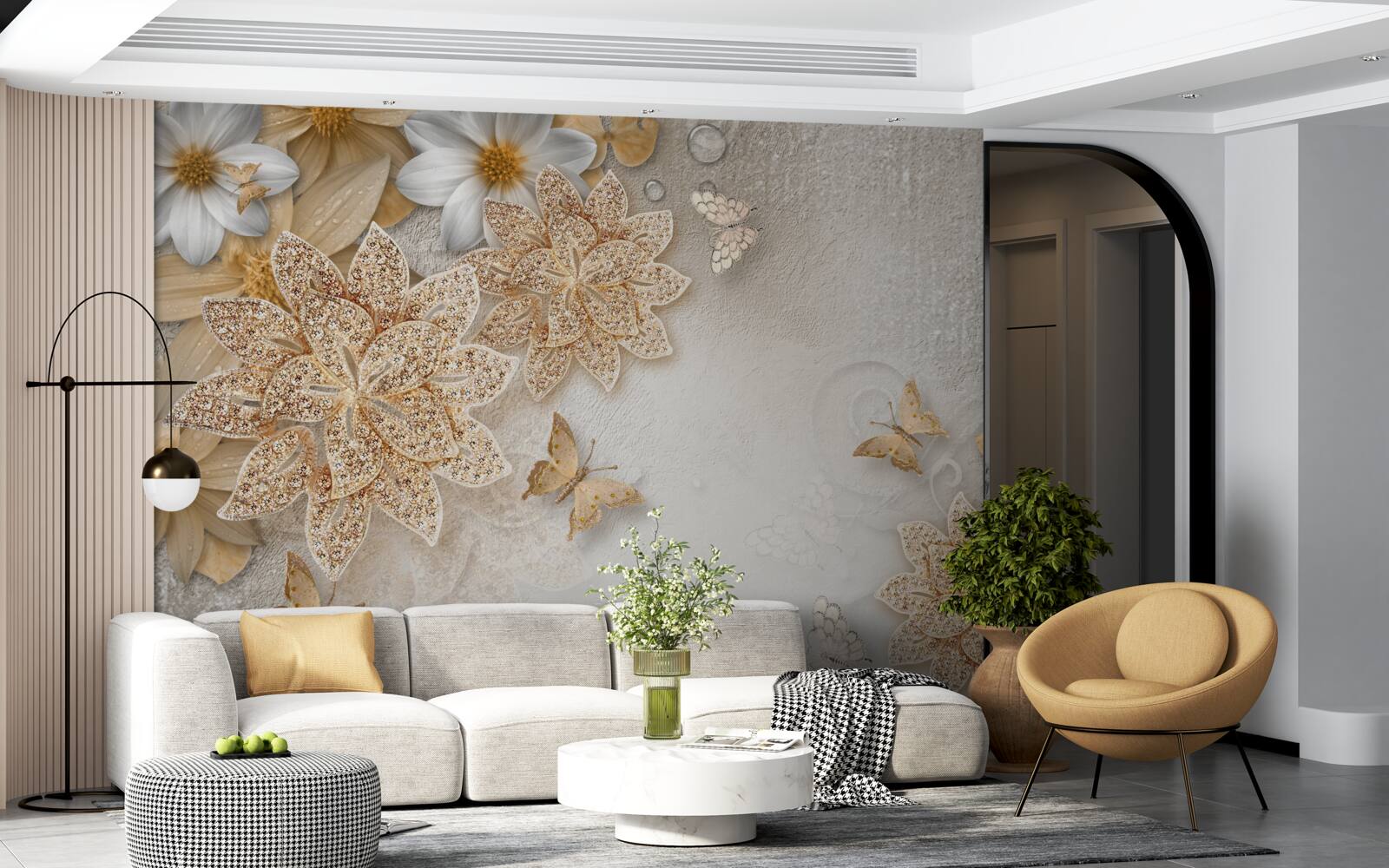 Fototapeta biały lotos i kwiaty ze złotym podziałem