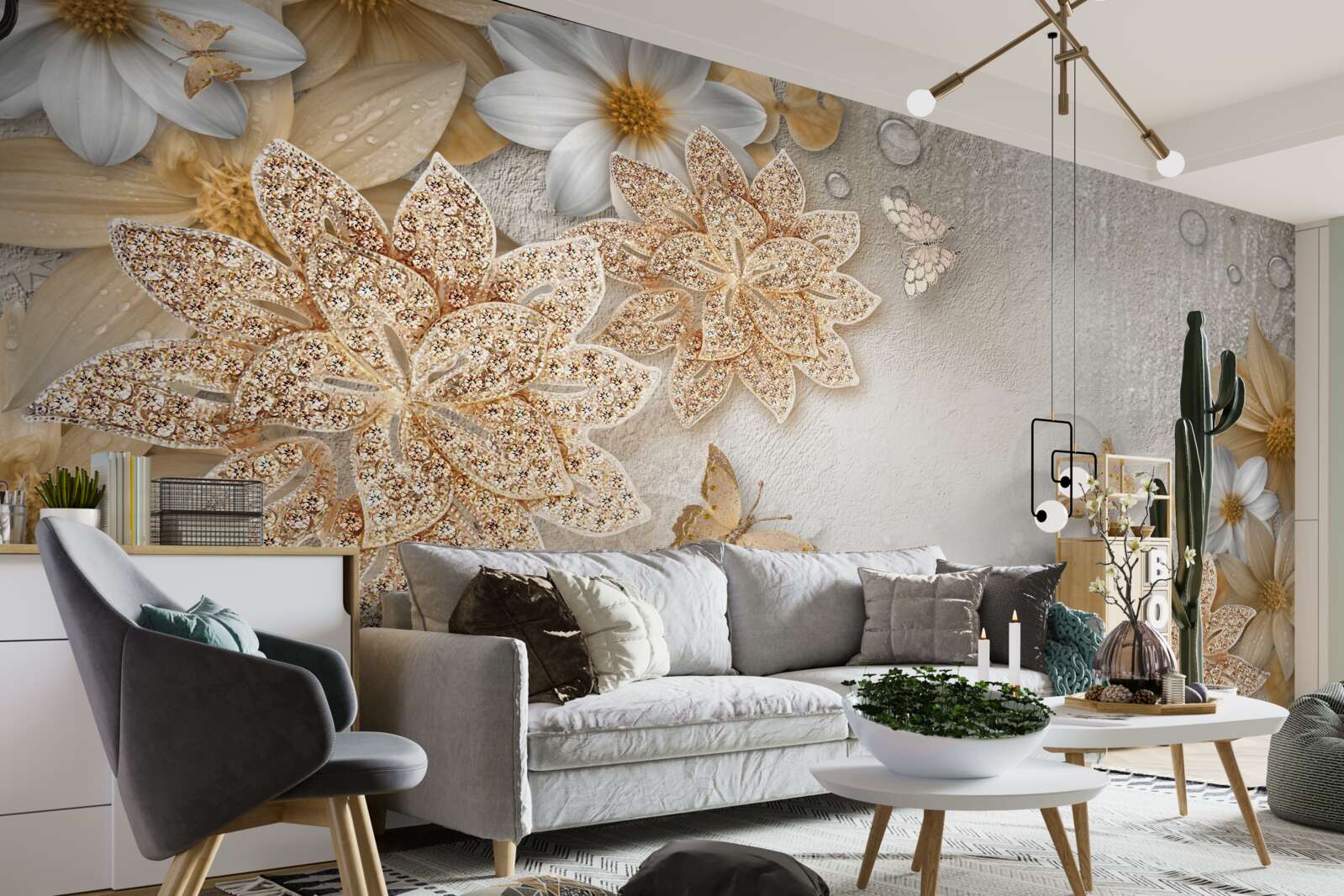 Fototapeta biały lotos i kwiaty ze złotym podziałem