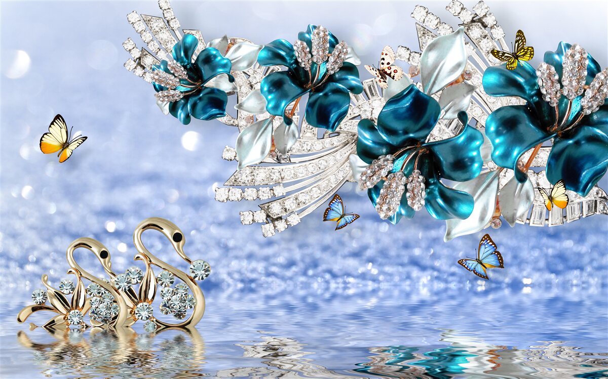 Fototapeta magnolie z krystalicznie błękitnymi kwiatami i motylami