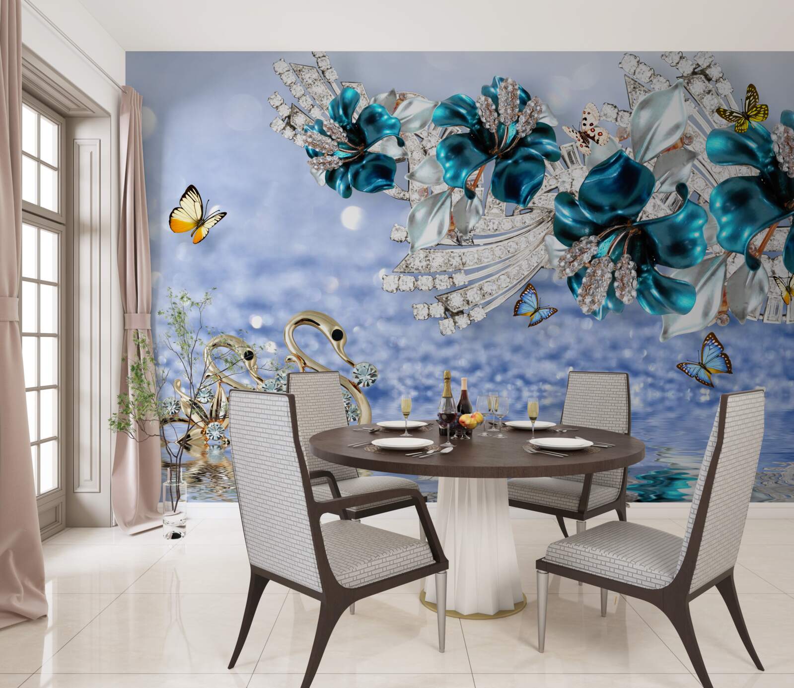 Fototapeta magnolie z krystalicznie błękitnymi kwiatami i motylami