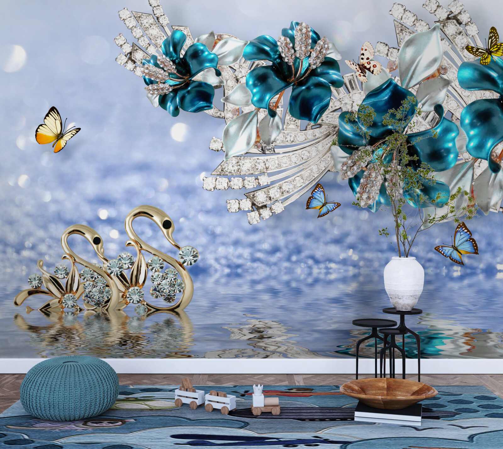 Fototapeta magnolie z krystalicznie błękitnymi kwiatami i motylami