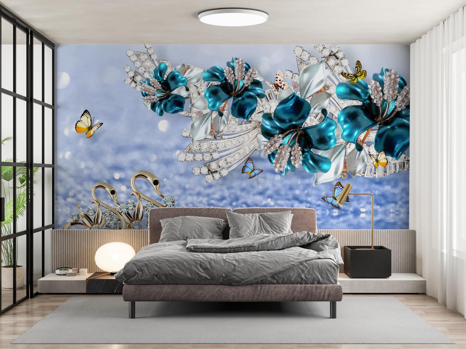 Fototapeta magnolie z krystalicznie błękitnymi kwiatami i motylami
