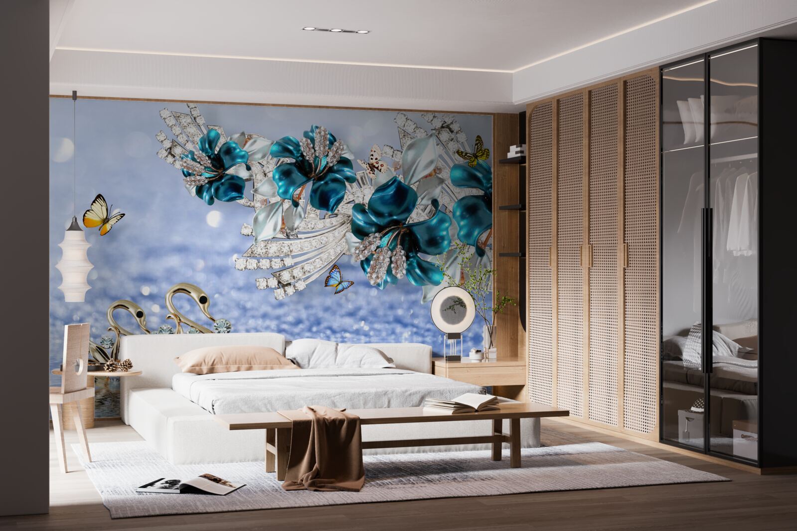 Fototapeta magnolie z krystalicznie błękitnymi kwiatami i motylami