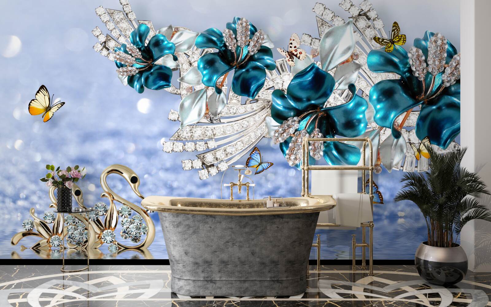 Fototapeta magnolie z krystalicznie błękitnymi kwiatami i motylami