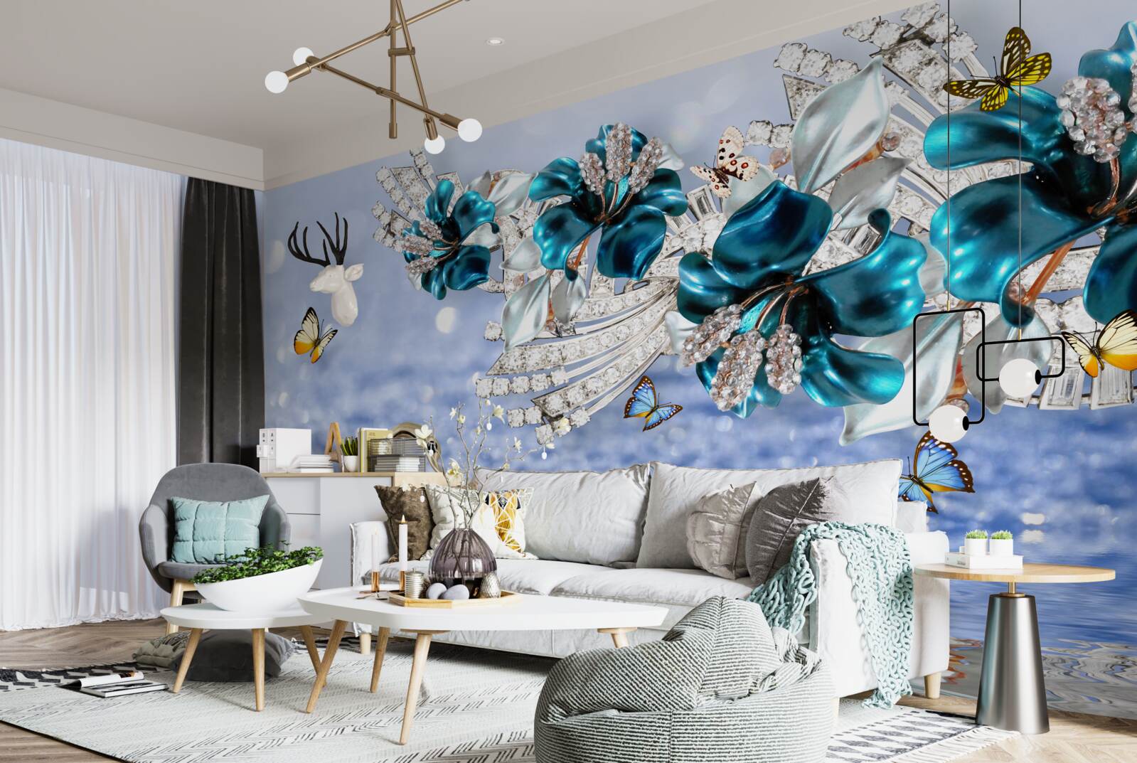 Fototapeta magnolie z krystalicznie błękitnymi kwiatami i motylami
