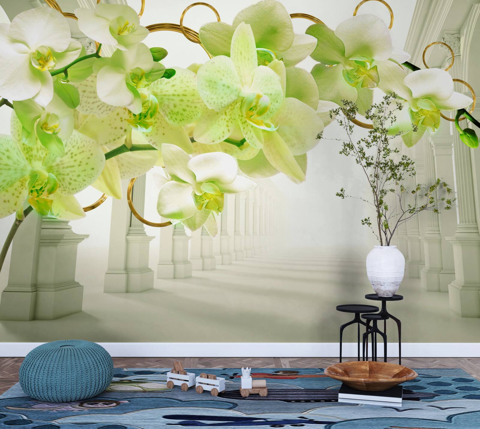 Fototapeta biało-zielona orchidea na tle białych filarów
