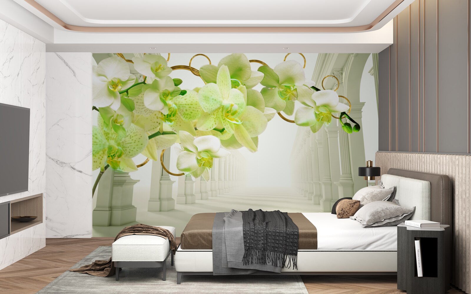 Fototapeta biało-zielona orchidea na tle białych filarów