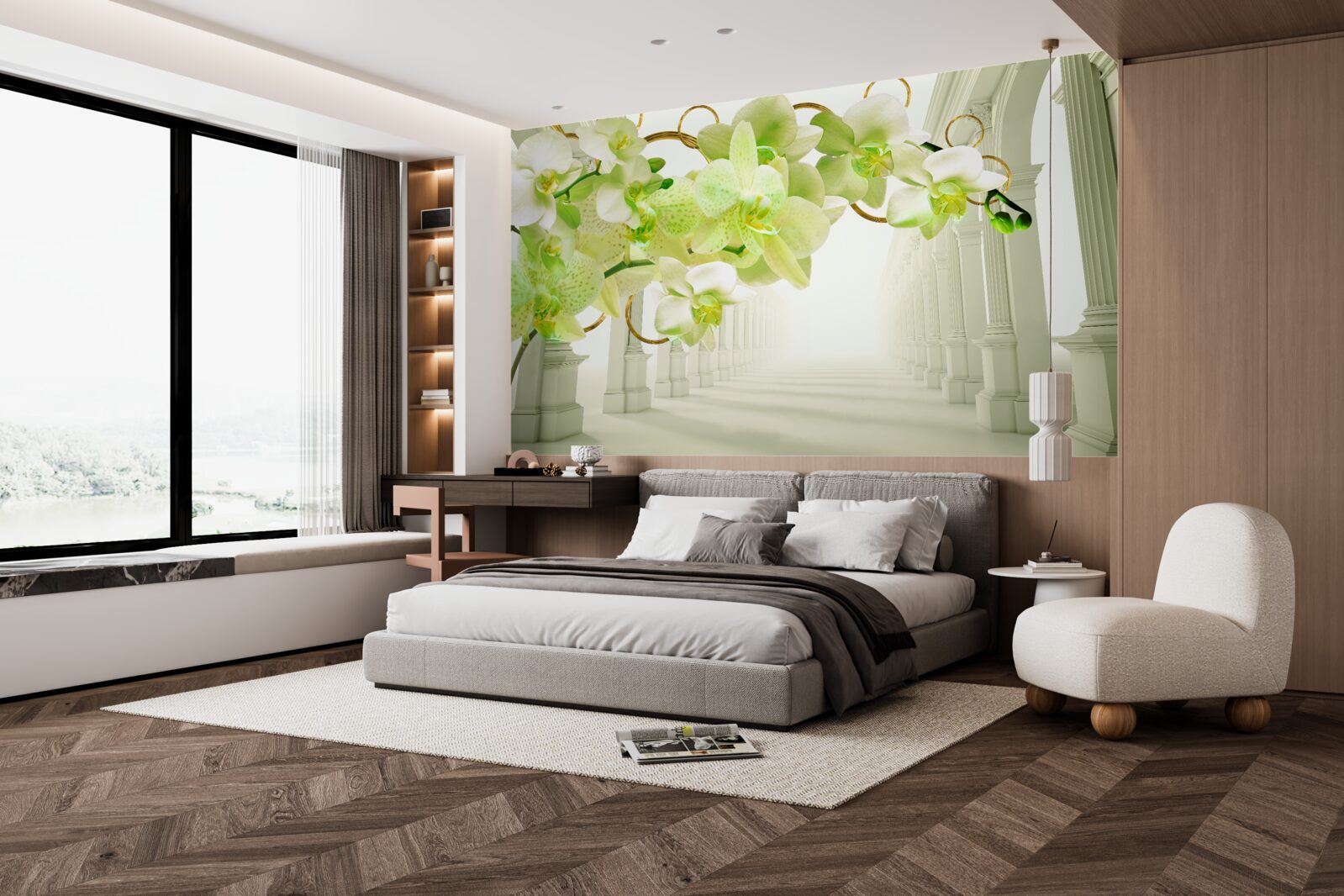 Fototapeta biało-zielona orchidea na tle białych filarów