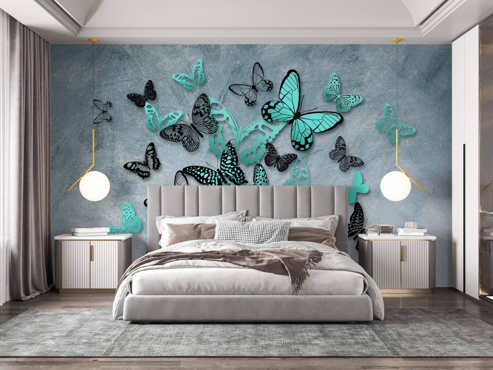 Fototapeta niebieskie motyle na szarym tle