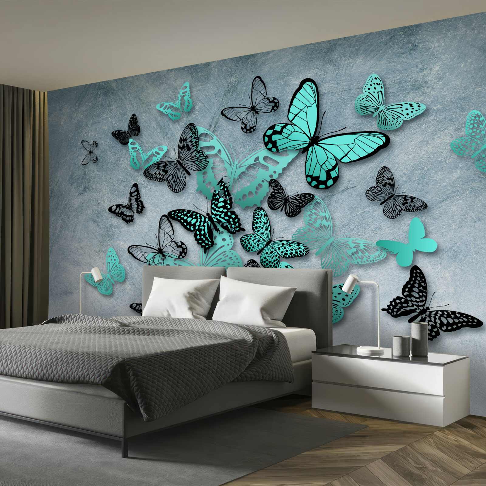 Fototapeta niebieskie motyle na szarym tle