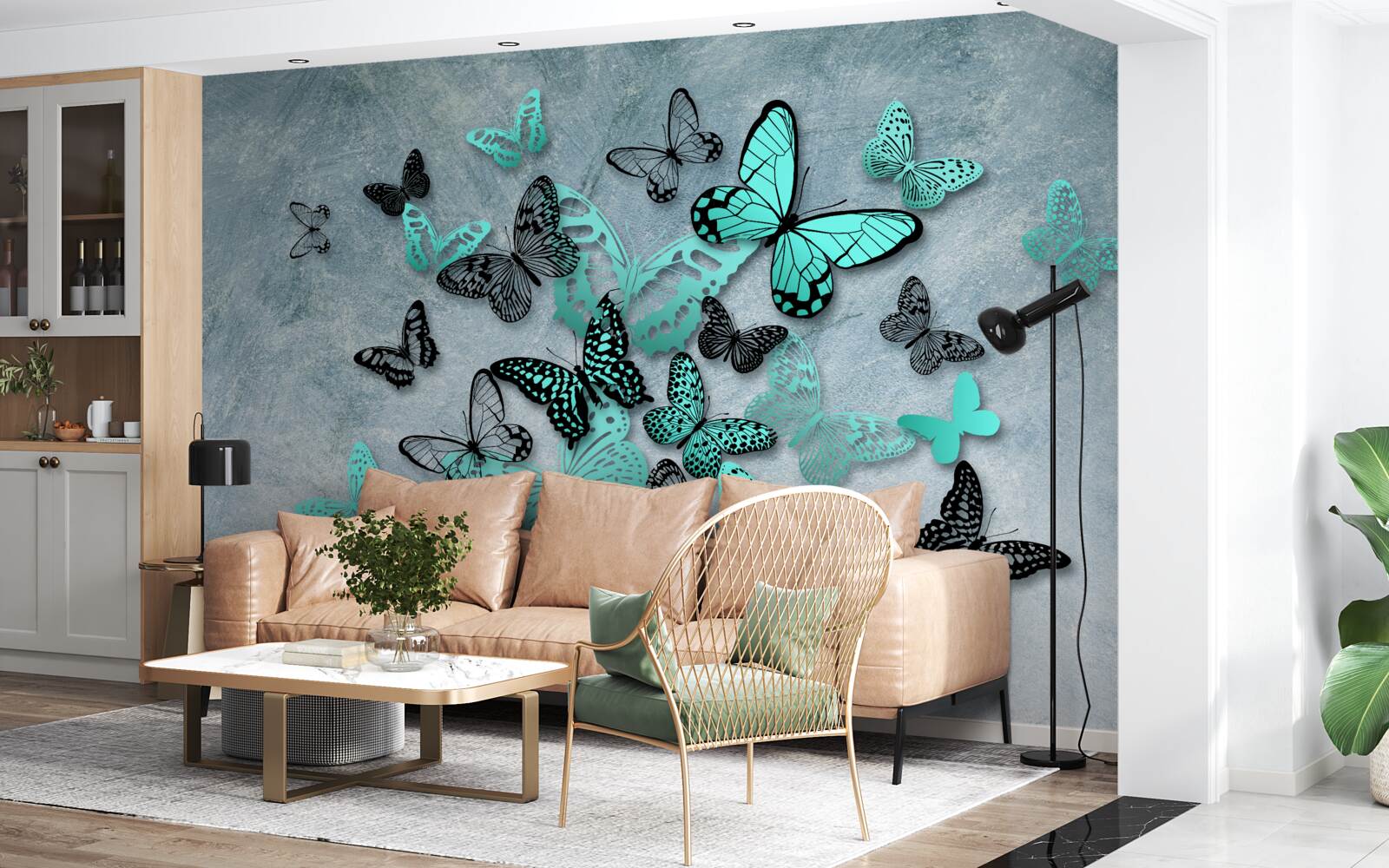 Fototapeta niebieskie motyle na szarym tle