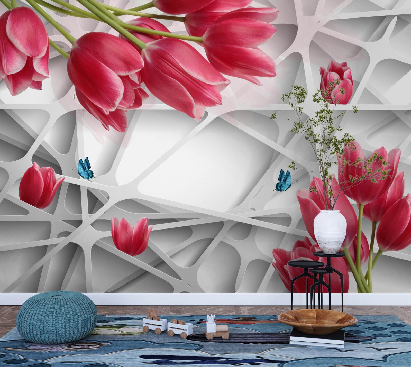 Fototapeta motyle i szkarłatne pąki tulipanów
