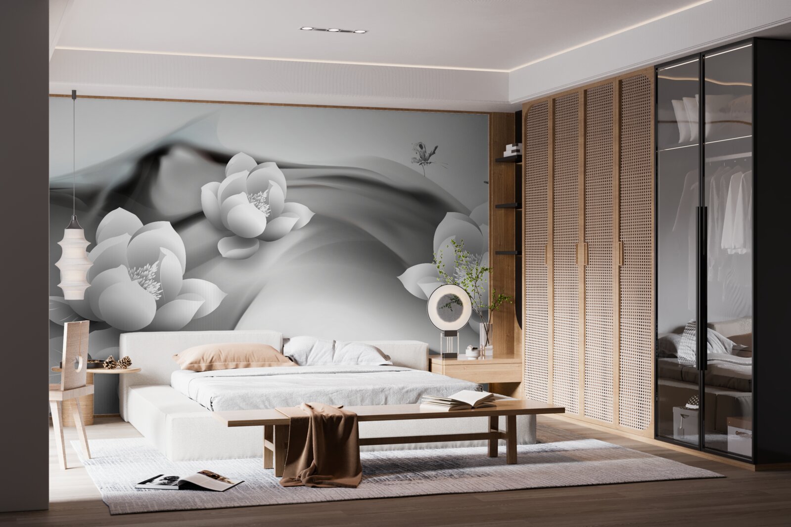 Fototapeta lilie wodne w czerni i bieli