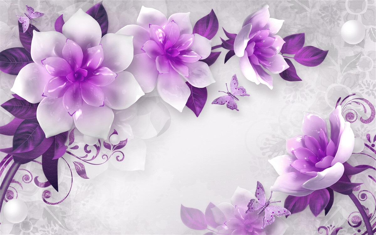 Fototapeta białe tło ozdobione jest fioletowymi kwiatami