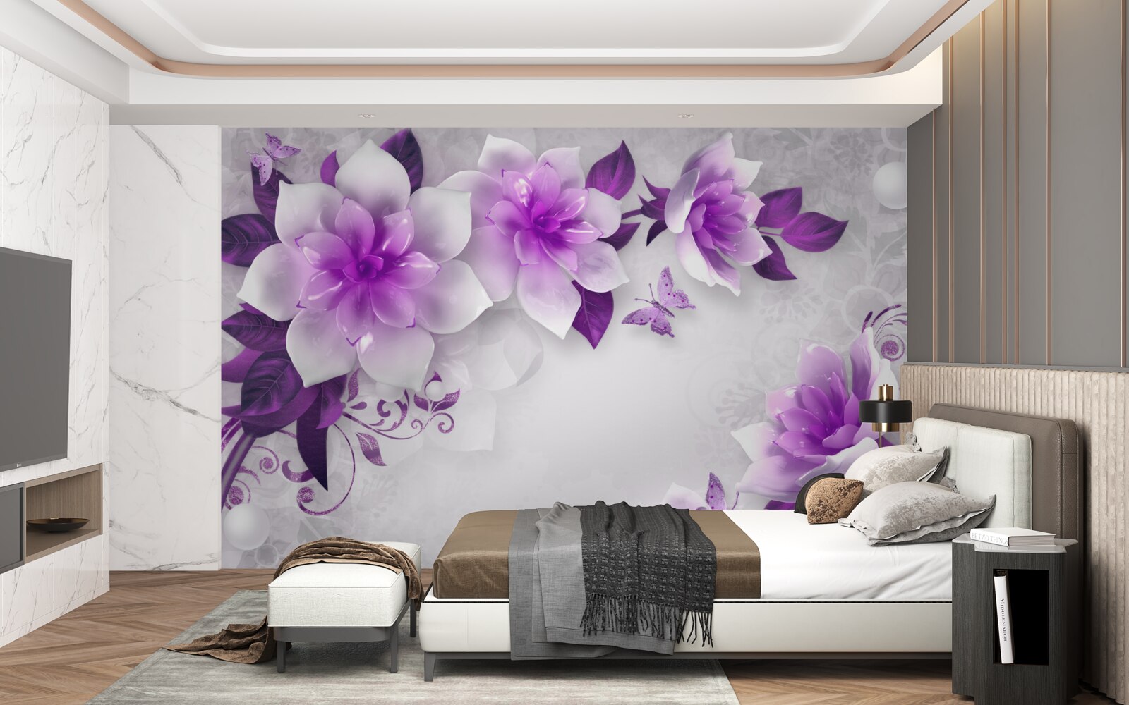 Fototapeta białe tło ozdobione jest fioletowymi kwiatami