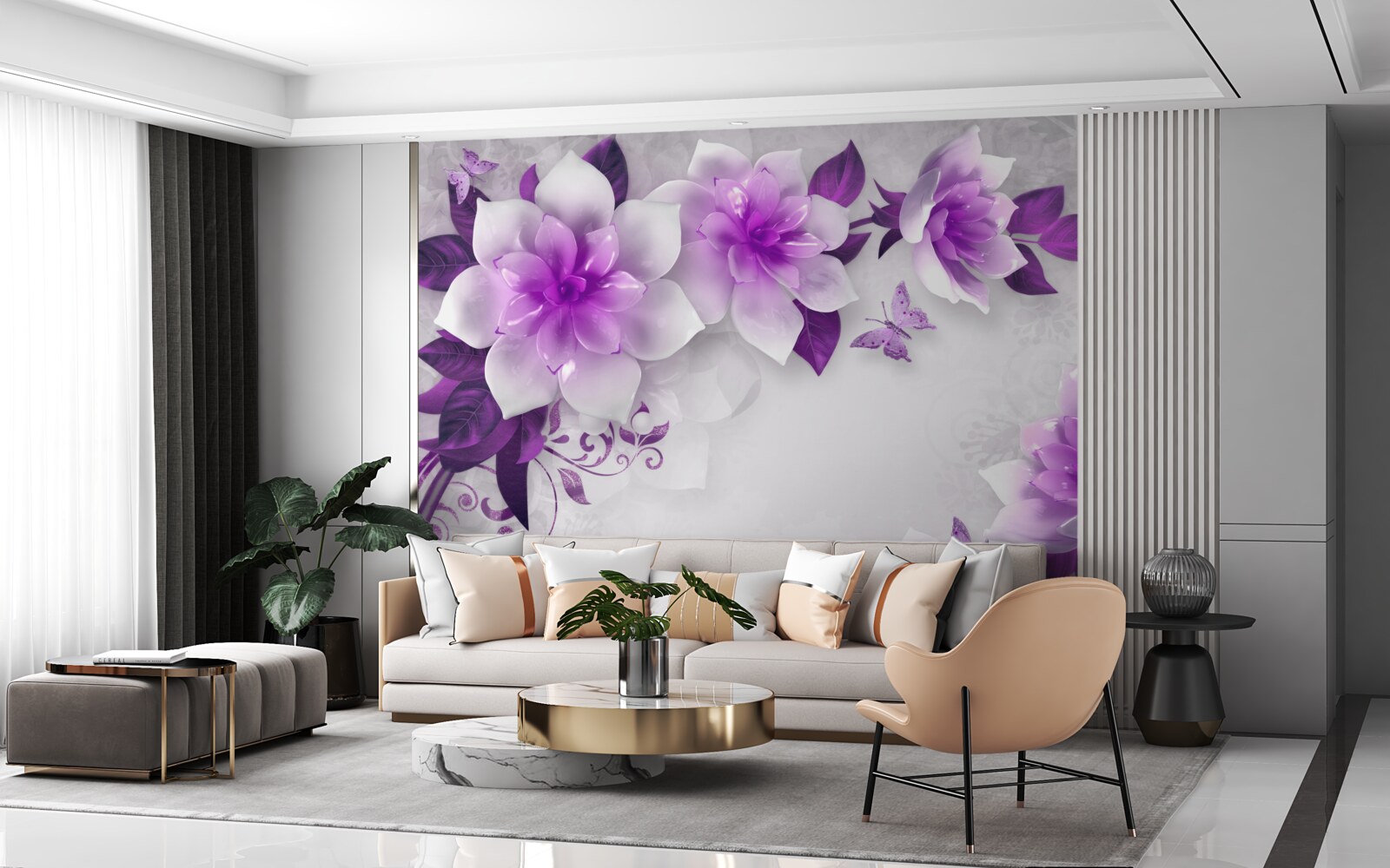 Fototapeta białe tło ozdobione jest fioletowymi kwiatami