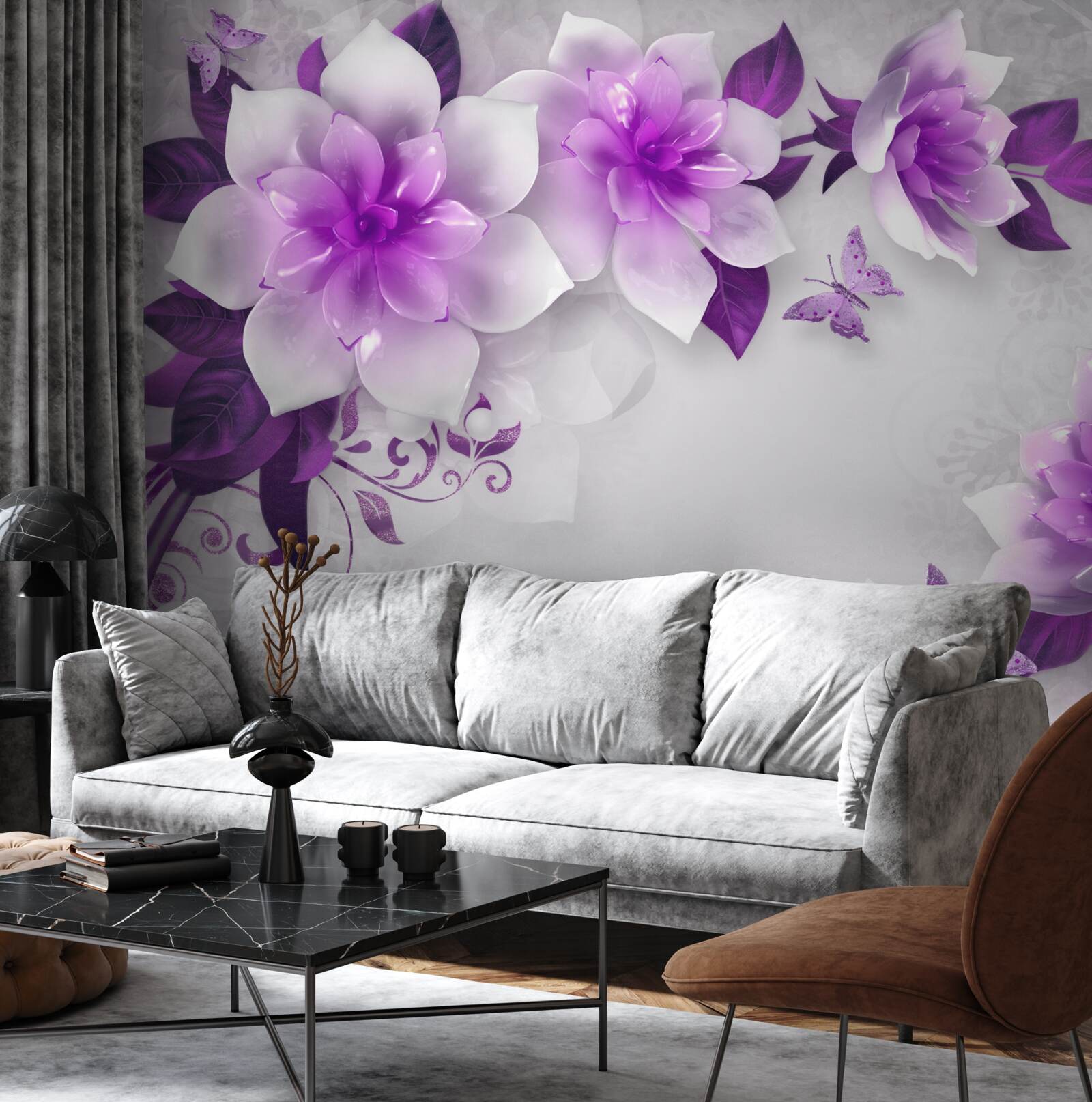 Fototapeta białe tło ozdobione jest fioletowymi kwiatami