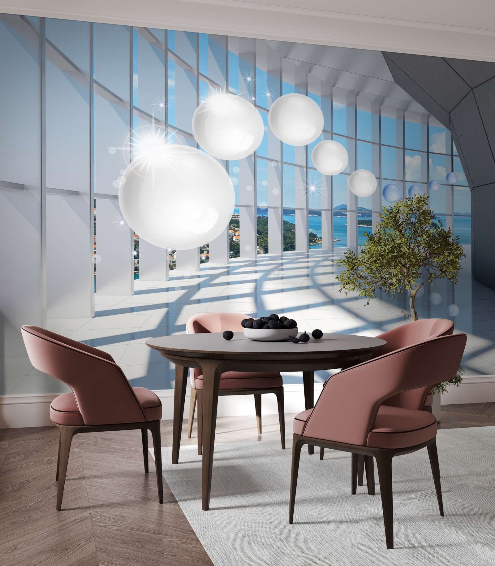 Fototapeta na tle nieba do tunelu wlatują białe kule