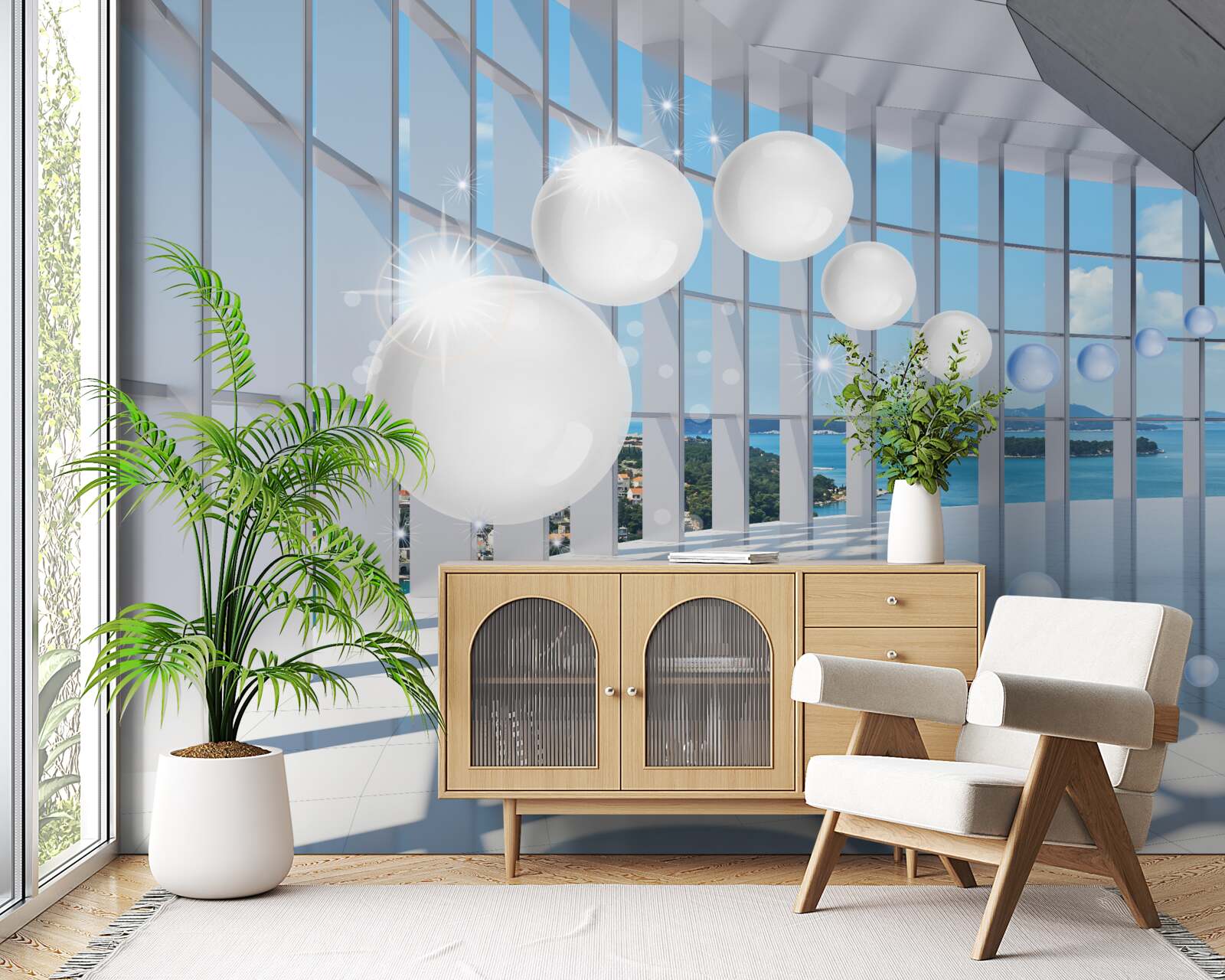 Fototapeta na tle nieba do tunelu wlatują białe kule