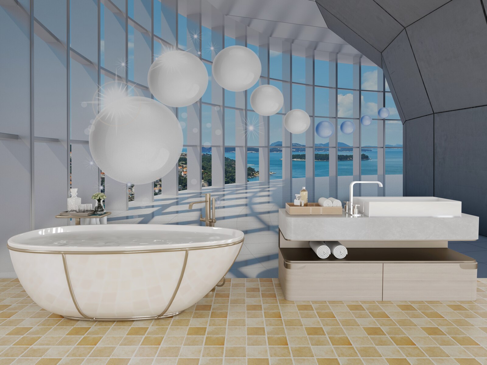 Fototapeta na tle nieba do tunelu wlatują białe kule