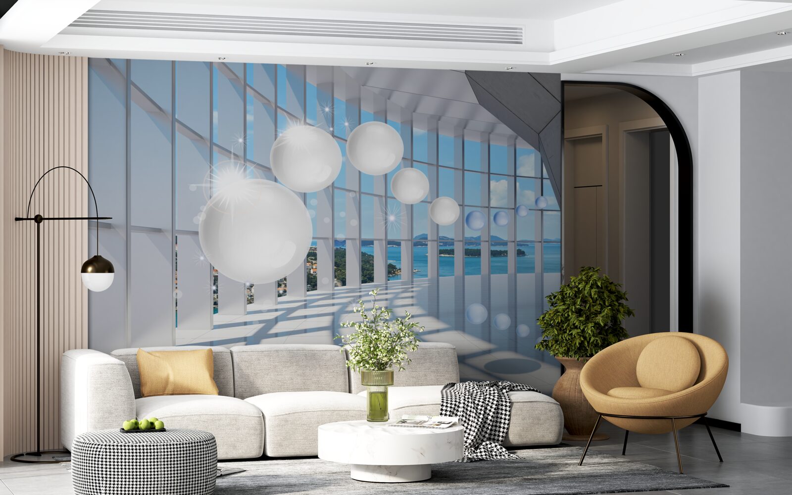 Fototapeta na tle nieba do tunelu wlatują białe kule