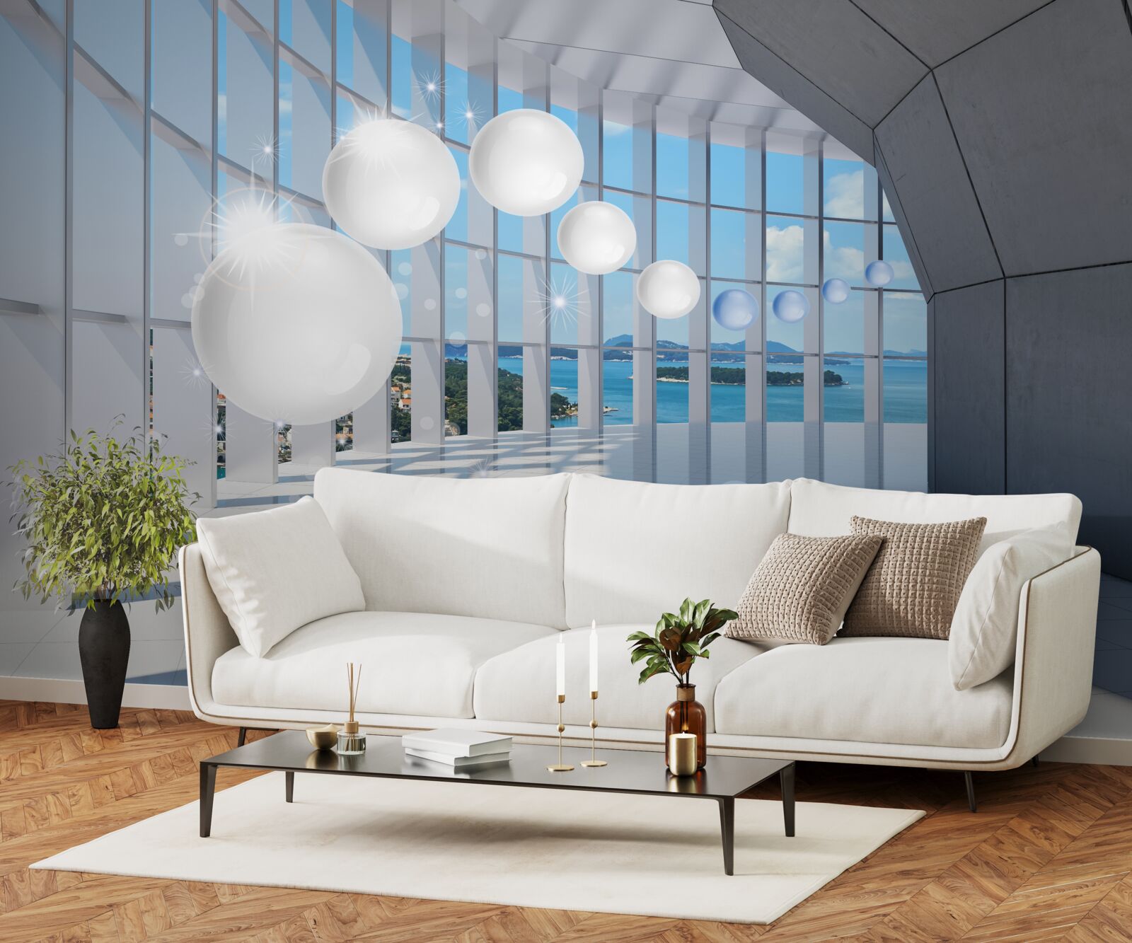 Fototapeta na tle nieba do tunelu wlatują białe kule