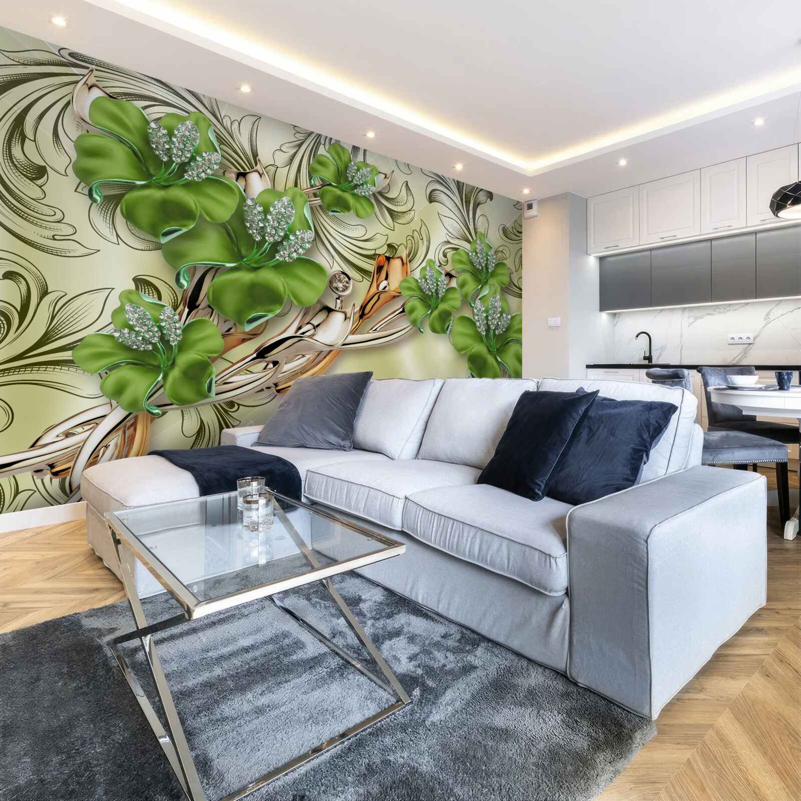 Fototapeta zielone pąki kwitną na złotych gałęziach jedwabiu