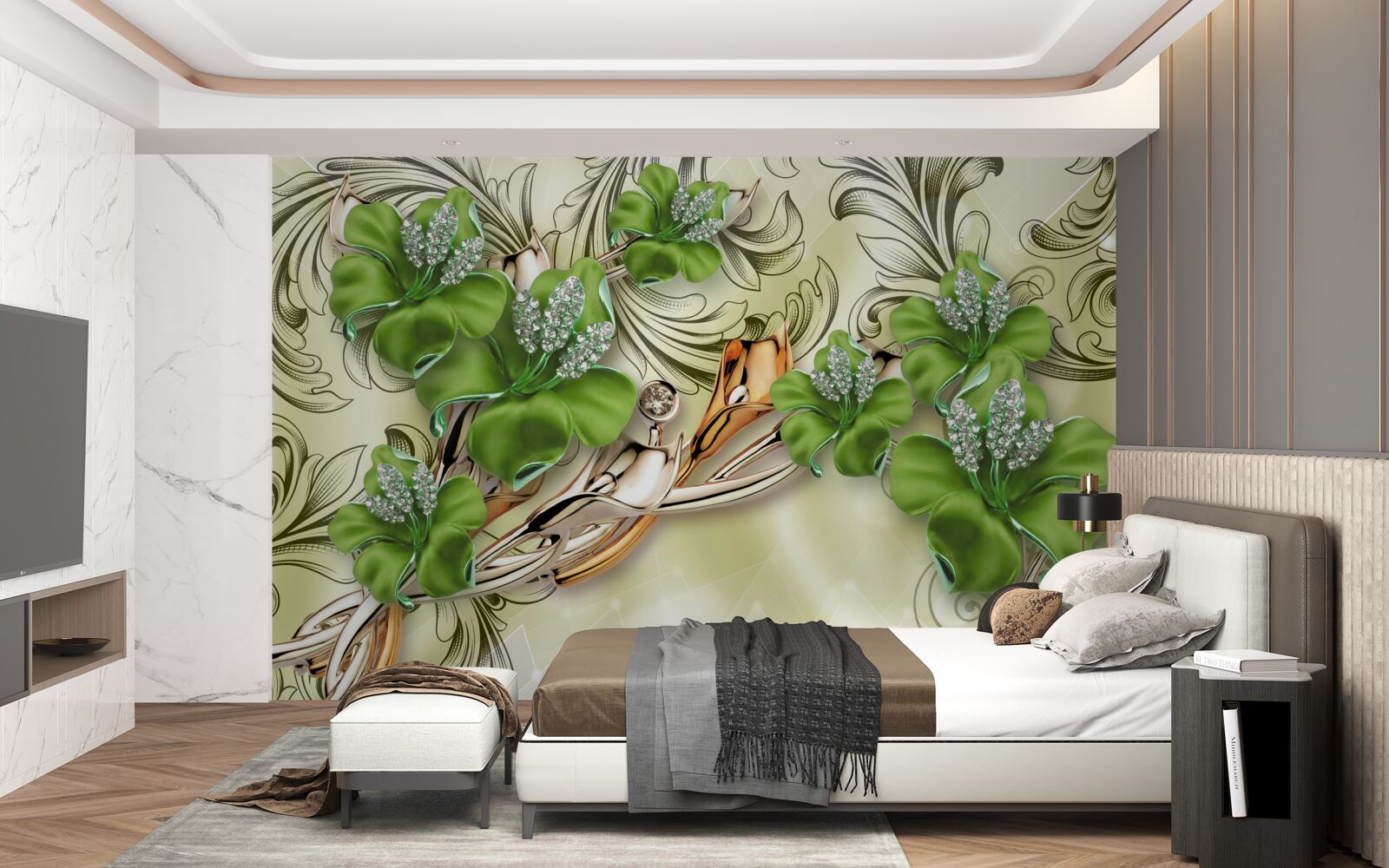 Fototapeta zielone pąki kwitną na złotych gałęziach jedwabiu