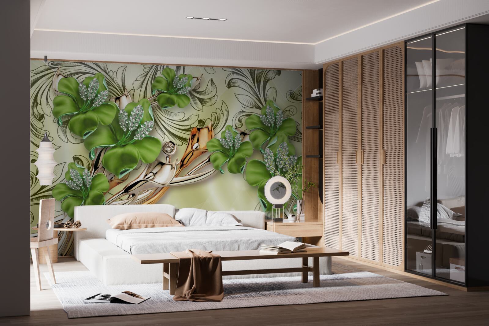 Fototapeta zielone pąki kwitną na złotych gałęziach jedwabiu