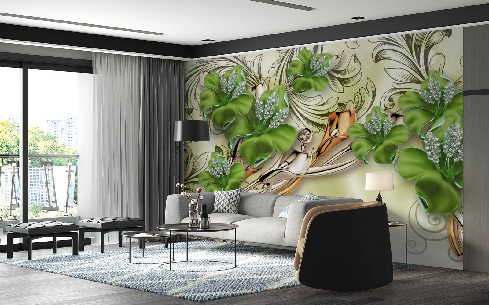 Fototapeta zielone pąki kwitną na złotych gałęziach jedwabiu