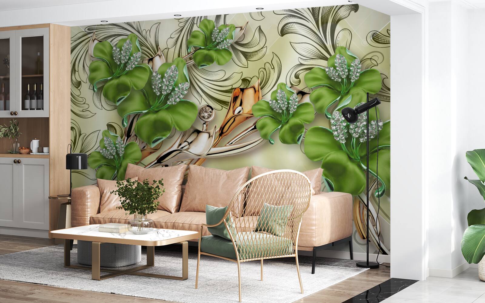 Fototapeta zielone pąki kwitną na złotych gałęziach jedwabiu