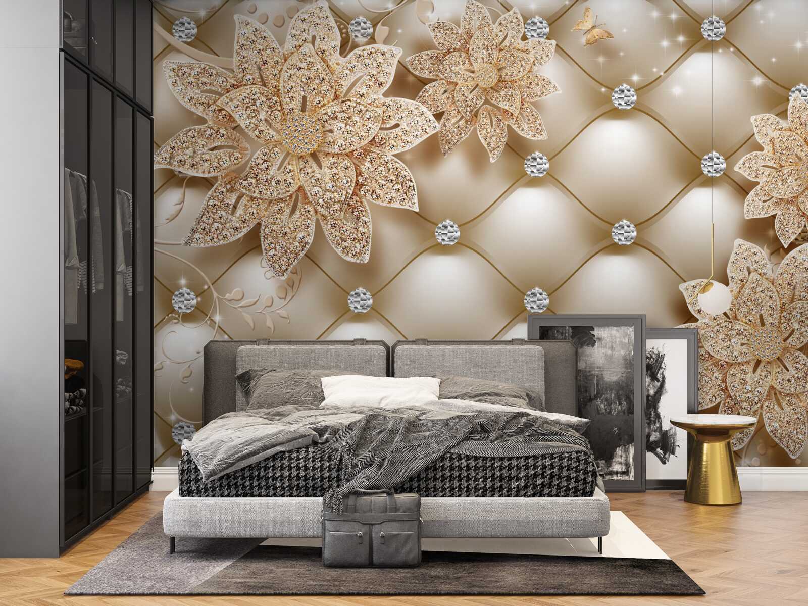 Fototapeta perły ozdobione są złotymi kwiatami