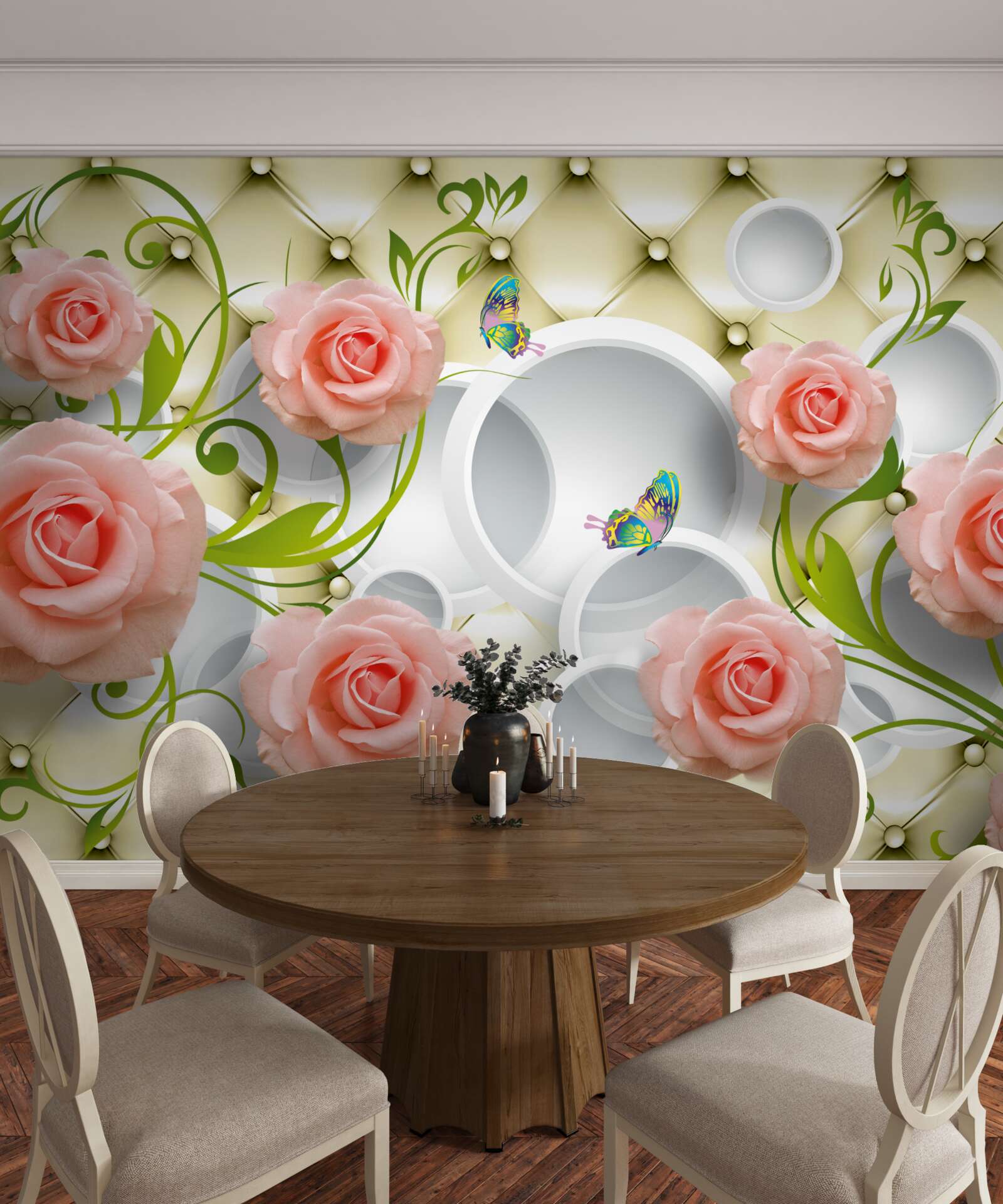 Fototapeta motyle i róże w kolorze różowym