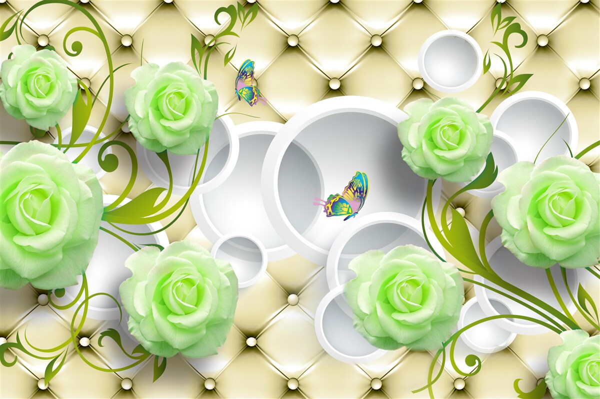 Fototapeta róża jest biało-zielona z elementami złota i pereł