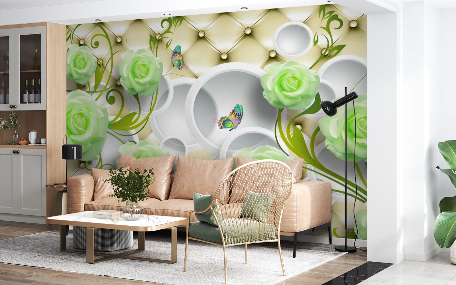 Fototapeta róża jest biało-zielona z elementami złota i pereł