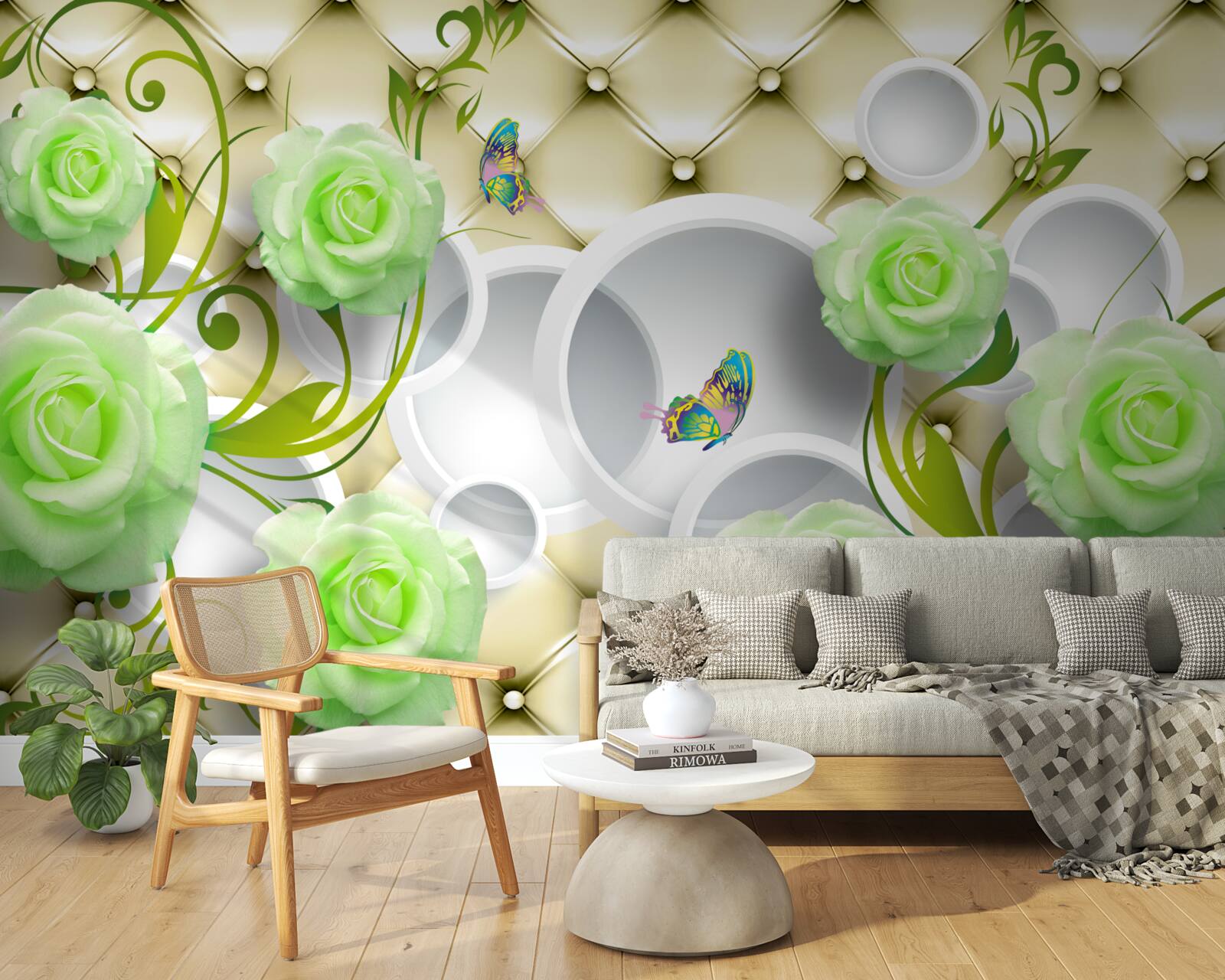 Fototapeta róża jest biało-zielona z elementami złota i pereł