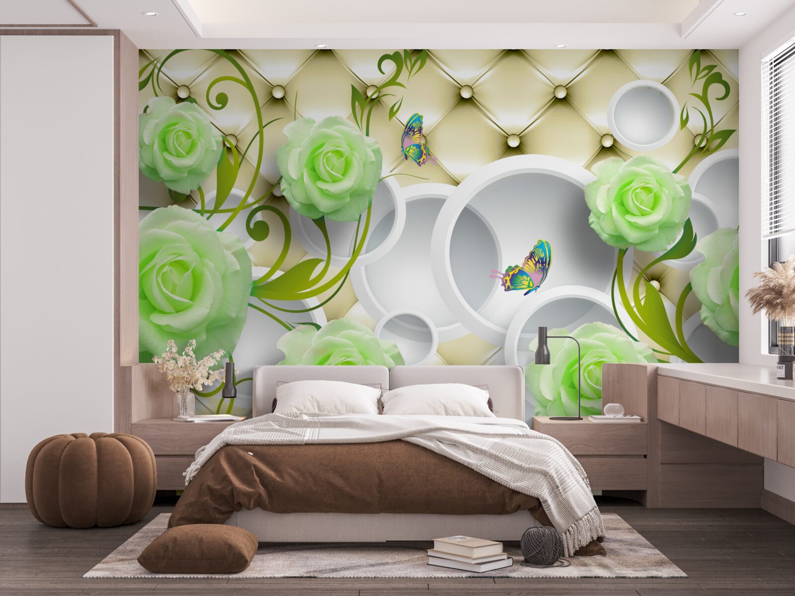 Fototapeta róża jest biało-zielona z elementami złota i pereł