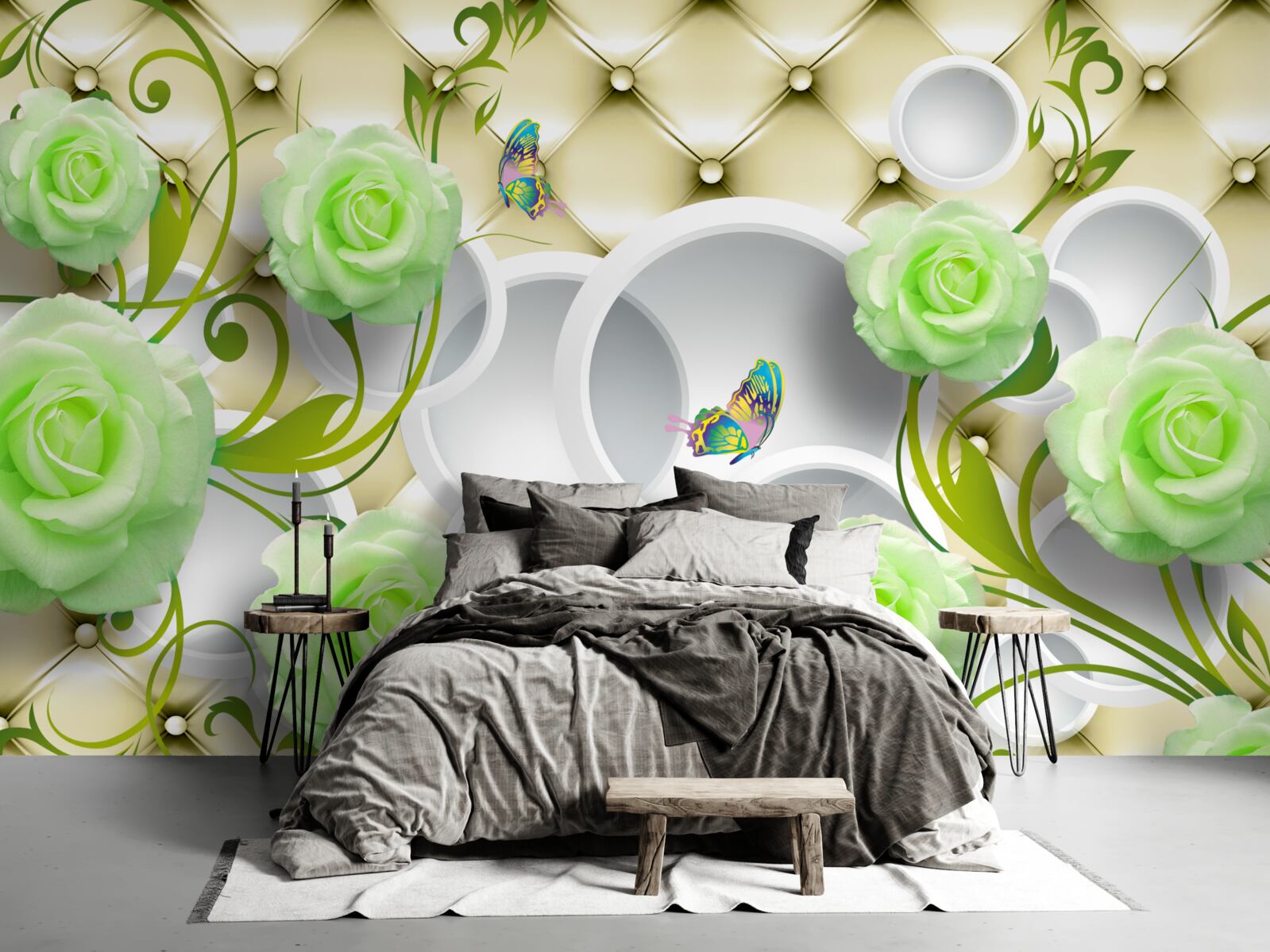 Fototapeta róża jest biało-zielona z elementami złota i pereł