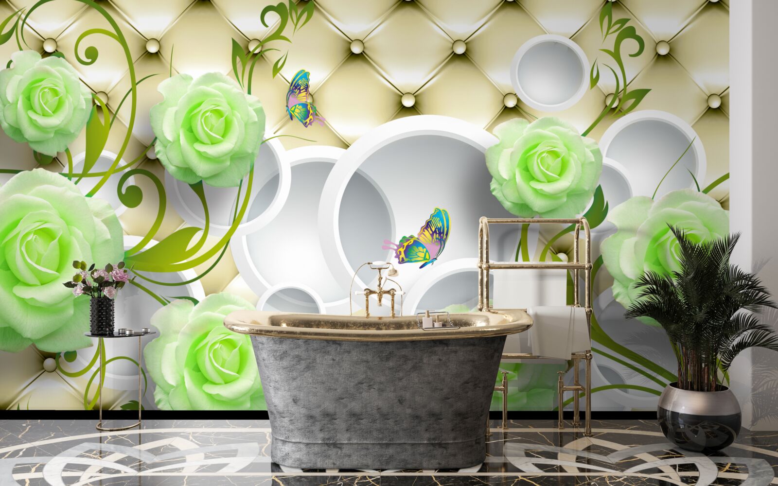 Fototapeta róża jest biało-zielona z elementami złota i pereł