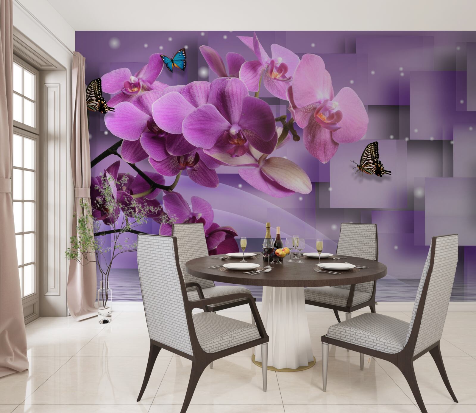 Fototapeta skład cienkich orchidei i motyli